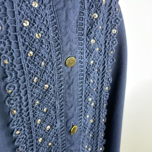 JM Collection Woman Boho V Neck Front Button Closure Navy with Gold detail 3X - Picture 3 of 8